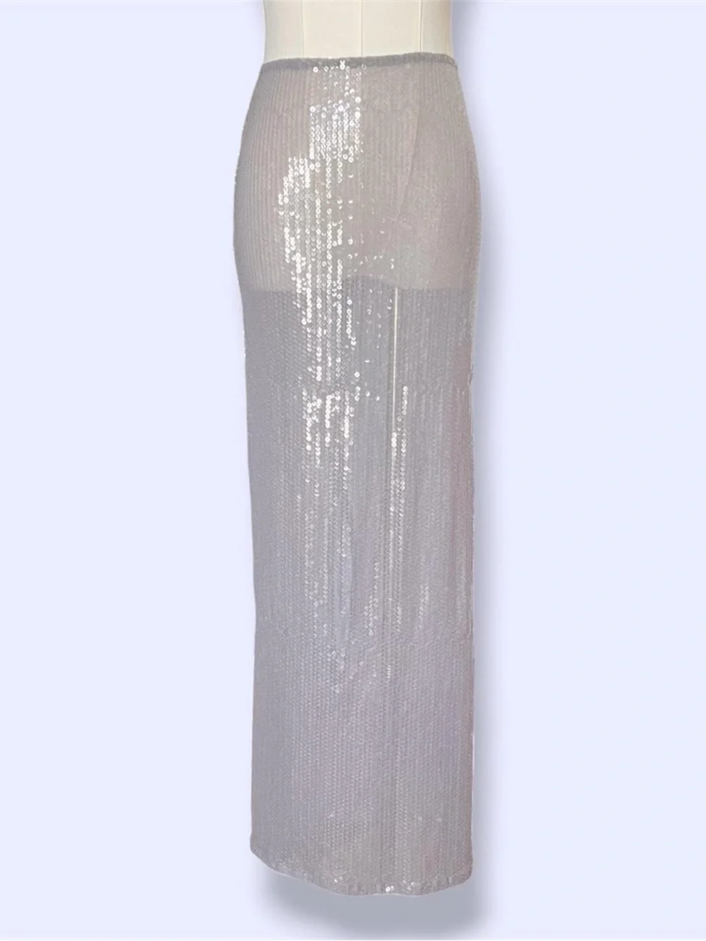 EDIKTED Riki Sheer Sequin Maxi Skirt in silver